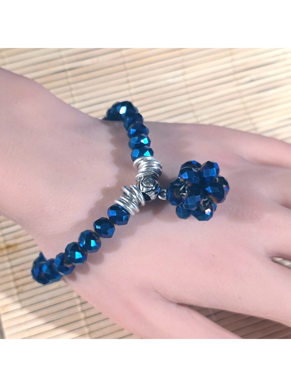 Artisan Iris Blue Faceted Crystal Beads and Bauble Pendant Stretch Bracelet